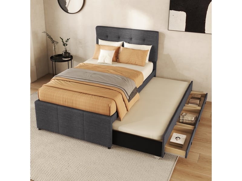  Lit gigogne 90x200cm, lit adult et enfant, avec 3 tiroirs de rangement et sommiers, lin gris, sans matelas  - Conforama C