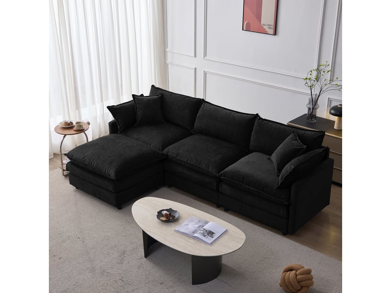 Canapé d'angle modulable 3 places avec méridienne et pouf 267 x 154 cm en chenille - Conforama R