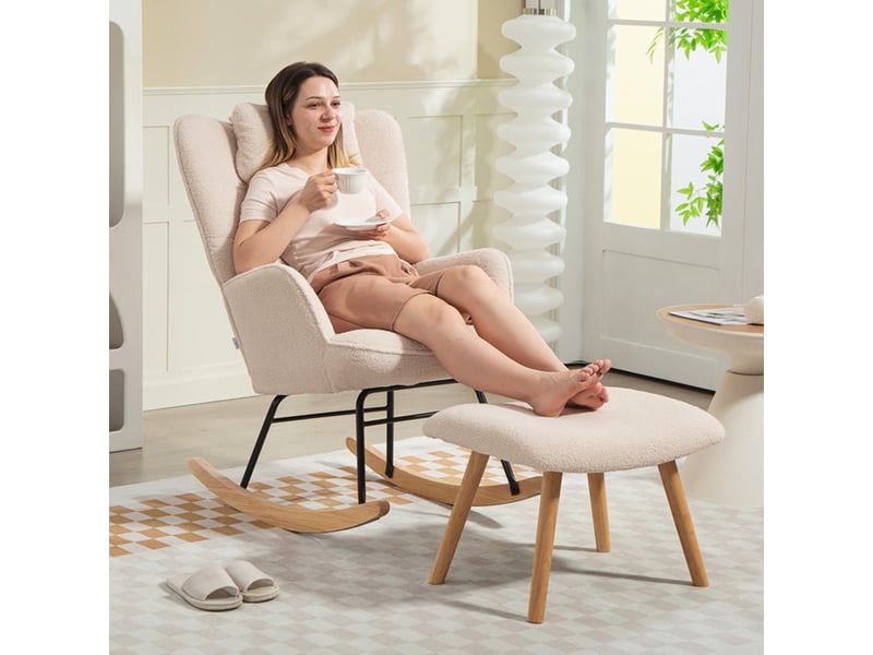  Fauteuil à bascule avec repose-pieds, fauteuil d'allaitement beige en polaire douce  - Conforama B