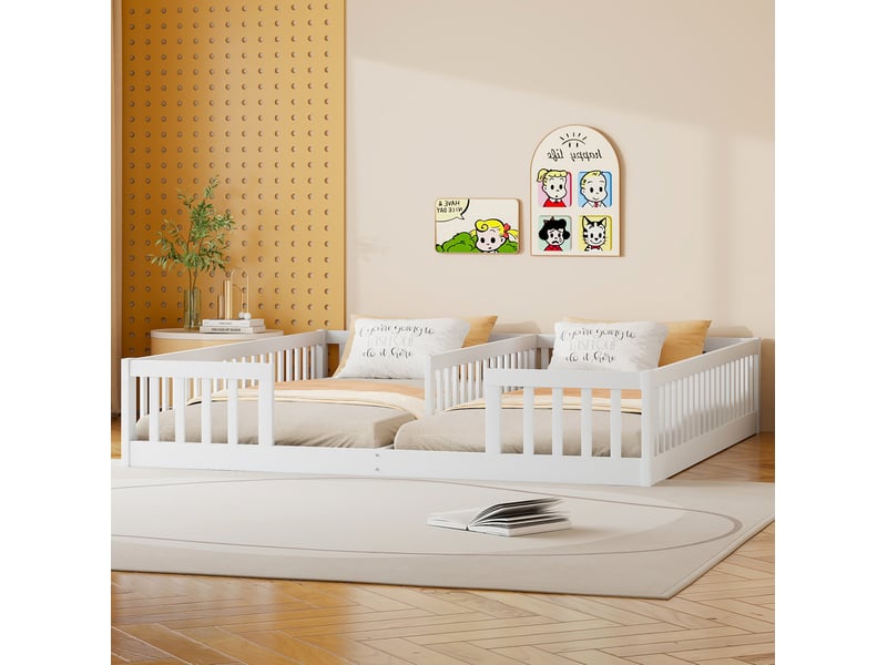  Lit au sol 90x200 cm, pin blanc, lit jeune, équipé de sommier et garde-corps, style minimaliste  - Conforama E