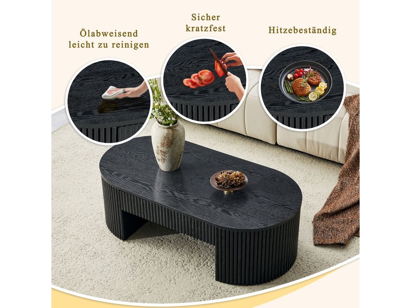  Table basse avec rangement tiroir de rangement design à rainures forme ovale noire table de salon stable  - Conforama E