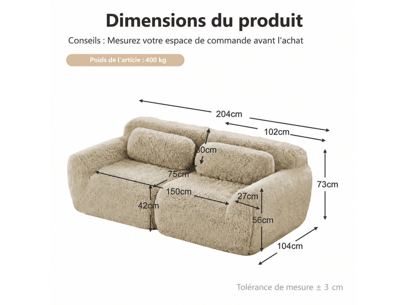  Canapé 2 places modulable 204x104x73 cm, sans cadre, mousse haute résilience, coussins, pour salon, tissu, kaki clair  - Conforama C