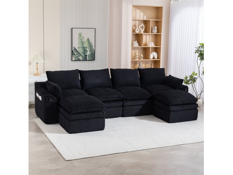  Canapé modulaire 4 places en velours côtelé noir avec 2 poufs et coussins  - Conforama C