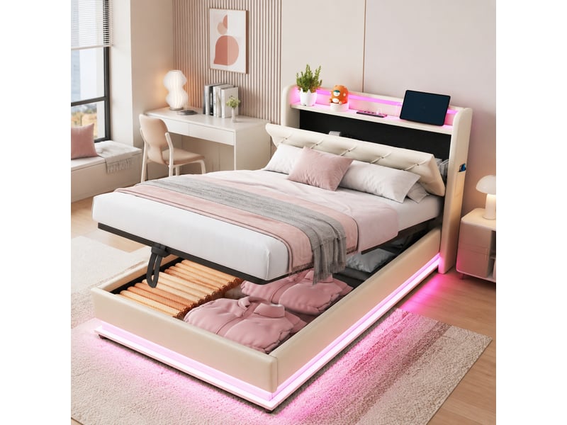 Lit coffre enfant 200×90 cm avec led, rangement dans la tête de lit, 3 ports usb et 1 port usb-c, en lin beige - Conforama B