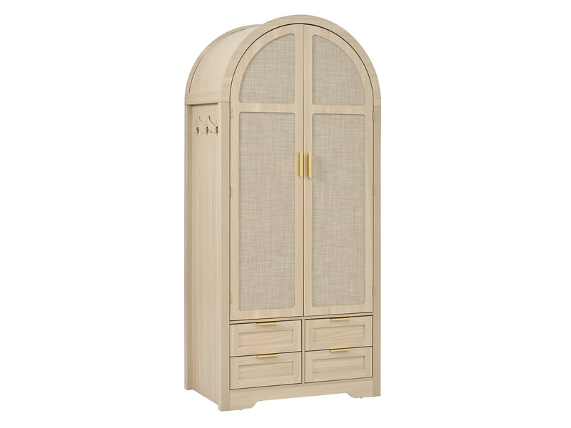  Armoire penderie 80x50x180 cm, 2 portes cintrées en cannage rotin, tringle à vêtements, 4 tiroirs, rangement spacieux, mdf, chêne  - Conforama A