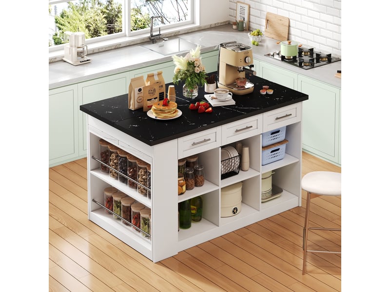  Îlot central de cuisine 150x90cm - avec table extensible 96cm, plan effet marbre noirblanc &amp; rangements - blanc  - Conforama C