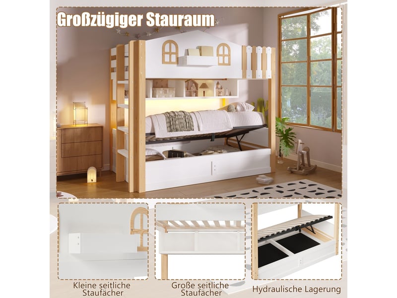  Lit superposé 90 x 200 cm design maison rangement hydraulique éclairage led compartiment de rangement ouvert position d’échelle variable blanc et naturel  - Conforama E