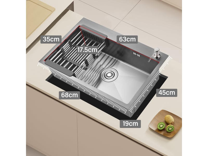  Cuisine evier simple en acier inoxydable 68x45x19 cm, avec panier d'égouttage télescopique, distributeur de savon en acier inoxydable, noir  - Conforama D