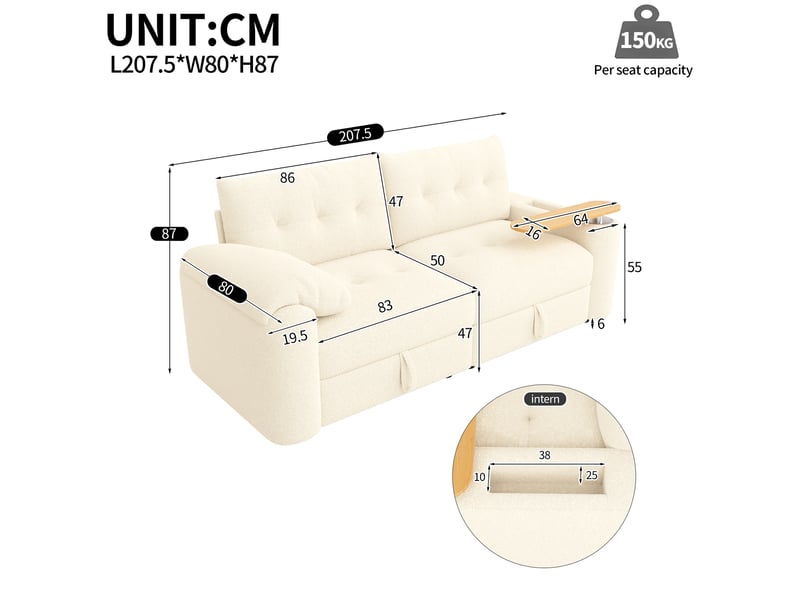  Canapé 3 places 207,5 x 80 x 87 cm en tissu teddy, canapé convertible modulable avec coffre de rangement, appui-tête, tablette pivotante 270°, canapé-lit compact pour salon - beige  - Conforama D