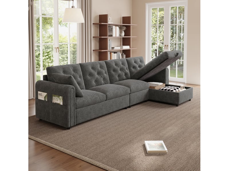  Canapé d'angle convertible modenvie 4 places réversible avec rangement 281 x 132 cm gris polyester flanelle  - Conforama D