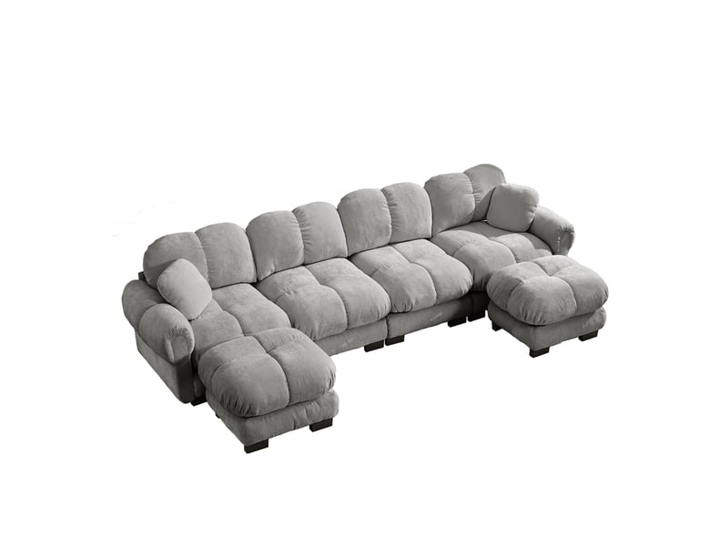  Canapé panoramique en u 4 places modulable avec 2 ottomanes - lpospi - dossier ergonomique, chenille gris clair  - Conforama A