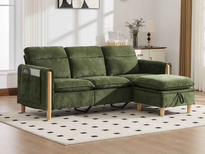  Canapé d'angle 3 places, avec pouf de rangement, 201x77x86cm, vert  - Conforama B