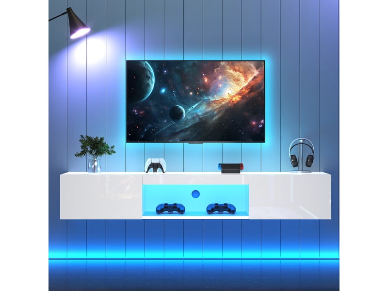  Meuble tv mural 160 cm pour téléviseur jusqu'à 70 pouces, led bluetooth, meuble tv suspendu blanc brillant  - Conforama D
