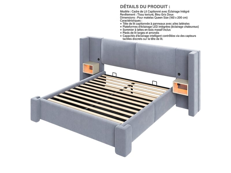  Lit coffre 180x200 gris capitonné en lin avec led et tables de chevet sans matelas  - Conforama E