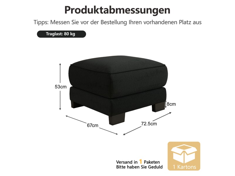 Pouf de salon - pouf mason en velours tricoté noir, 72.5 x 67 x 53 cm, velours côtelé, pour salon, tissu velours côtelé de haute - Conforama R