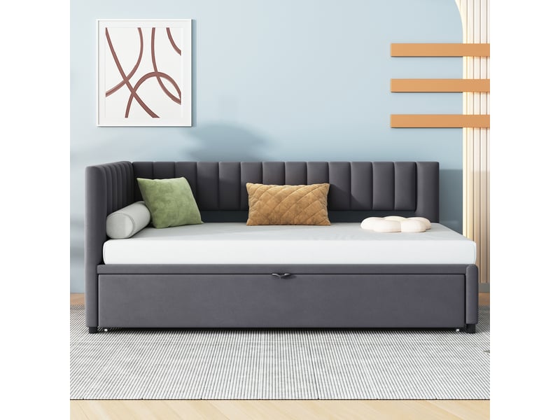  Canapé convertible en l 90180*200cm gris, tiroir-lit escamotable, velours doux pour petit espace  - Conforama E