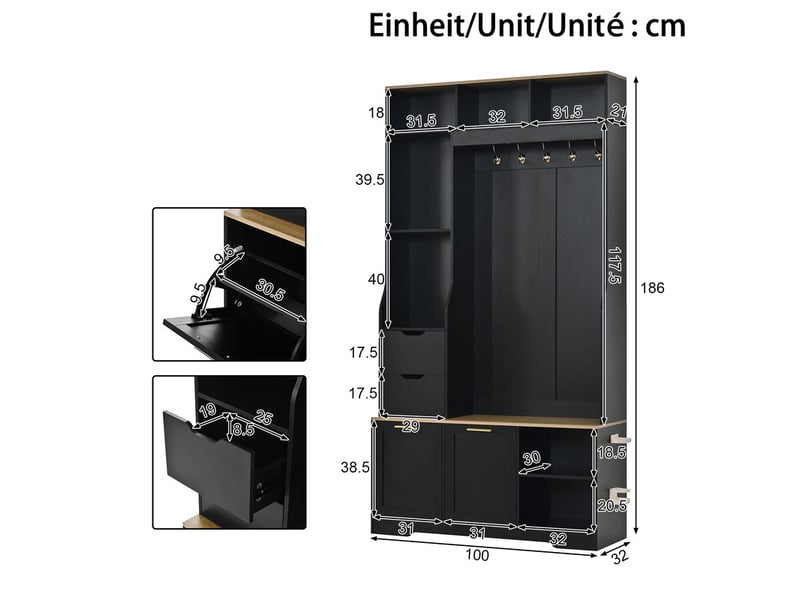 Vestiaire entrée avec meuble chaussures basculant, banc, patères métal et éclairage led piloté par appli, 103x32x186cm, noir - Conforama C