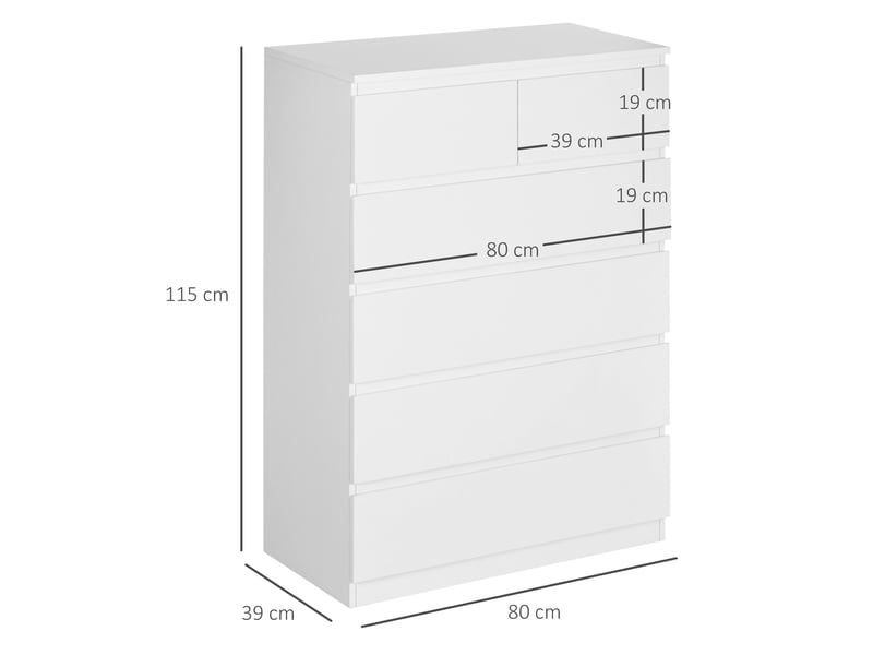  Commode à 6 tiroirs avec système anti-basculement, panneaux de particules, 80 x 39 x 115 cm, blanche  - Conforama E