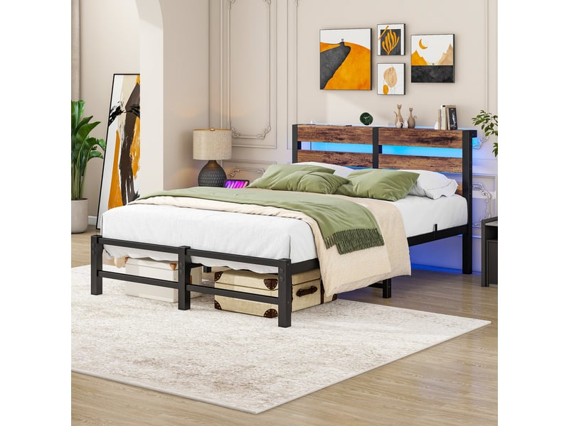 Lit 120x200 cm à cadre métallique avec led, ports usb et rangements intégrés, sans matelas - Conforama B