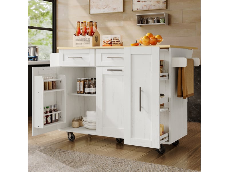  Desserte de cuisine avec plateau rabattable, rangement et roulettes, blanche  - Conforama D