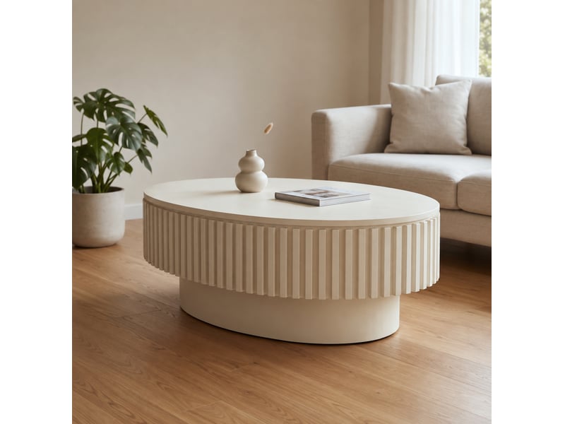  Table basse ovale 98x60x35 cm crème avec rangement dissimulé  - Conforama D
