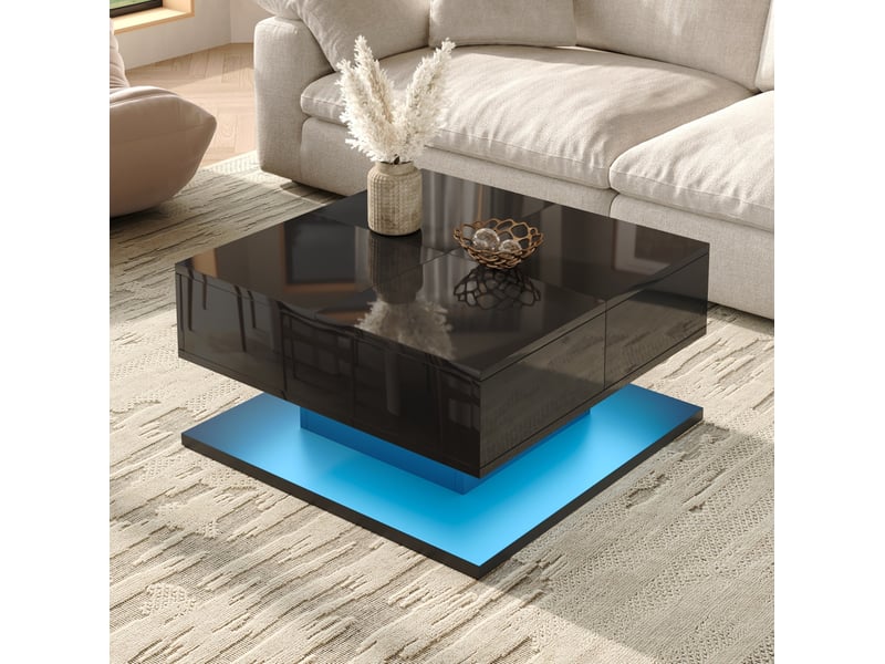  Table basse 72x72x35 cm relevable avec tiroirs et led, mdf et panneaux de particules noir  - Conforama D