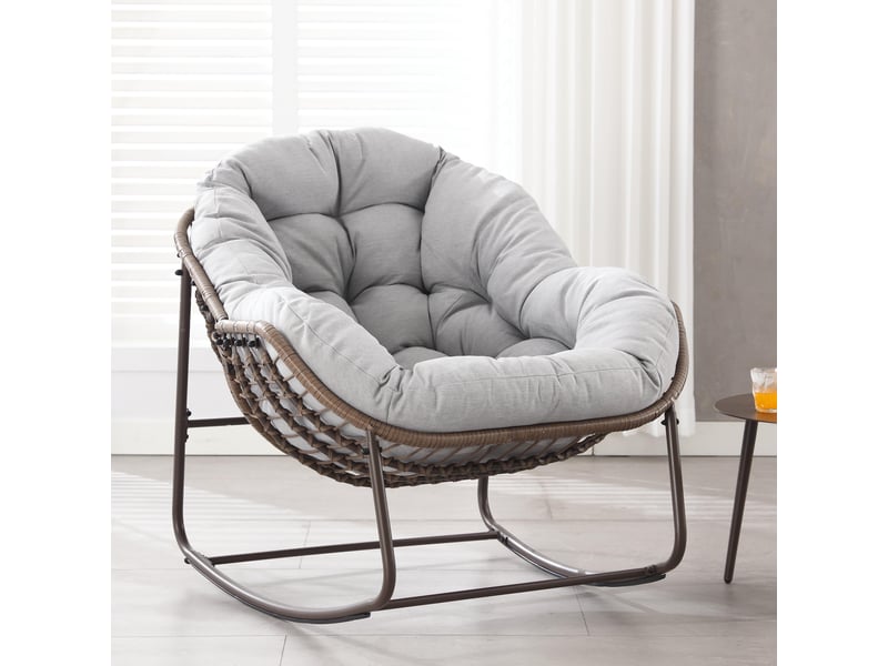  Fauteuil à bascule, fauteuil berçant de patio, cadre en métal, avec coussin en forme d'œuf, gris clair  - Conforama W
