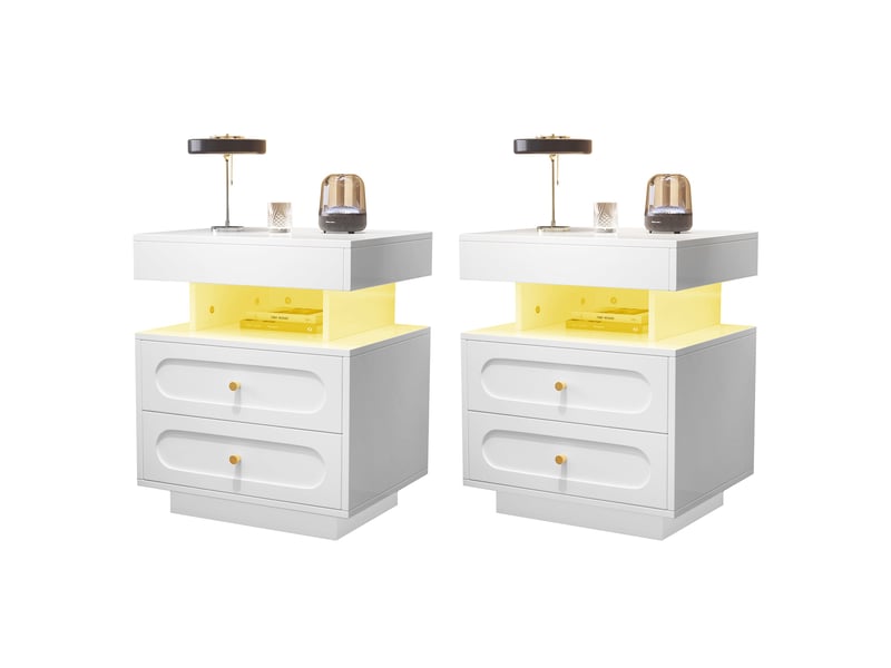 Lot de 2 tables de chevet - 50 x 40 x 60 cm - table de chevet avec éclairage led, 2 tiroirs et niche ouverte - blanc - Conforama A