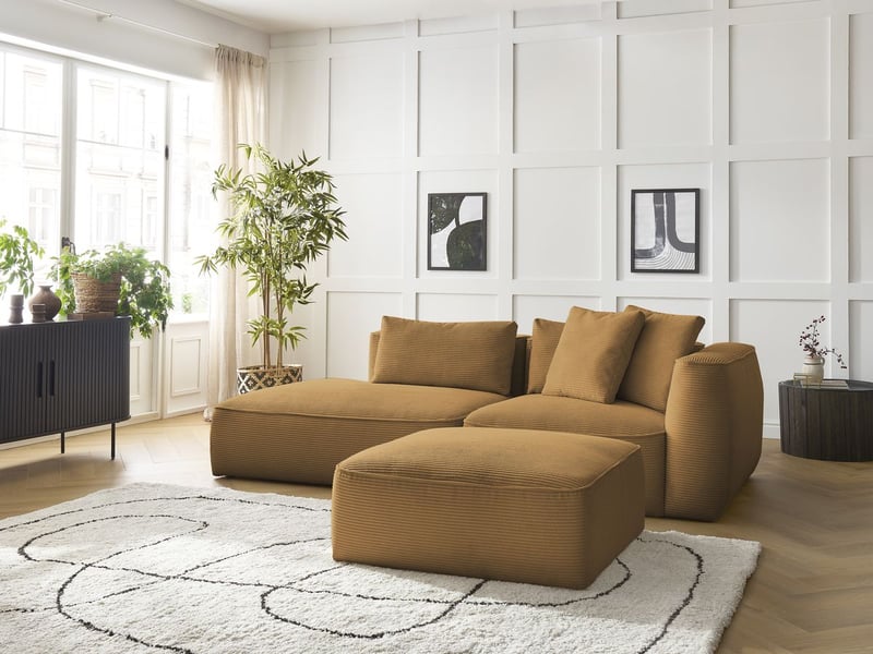  Bobochic canapé droit fixe 3 places leopold velours côtelé avec pouf jaune  accoudoir droit LEOPOLD - Conforama D