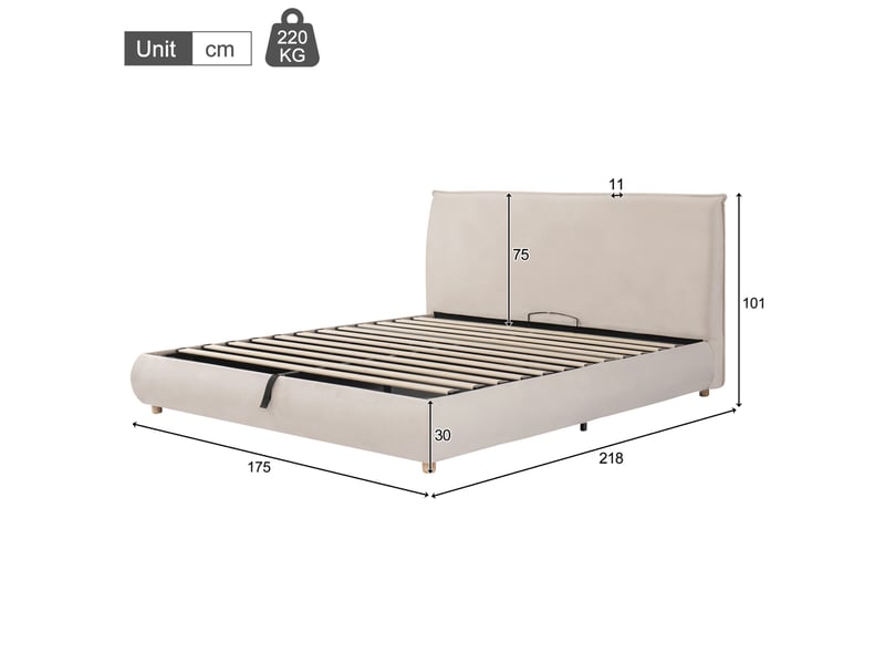  Lit coffre, lit adulte 2 places 160x200 cm hydraulique avec rangement et tête de lit, couleur crème, sans matelas  - Conforama C