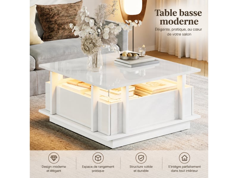  Table basse carrée blanche brillante, led, 2 tiroirs et rebords en acrylique, 70 x 70 x 35 cm, blanc  - Conforama C