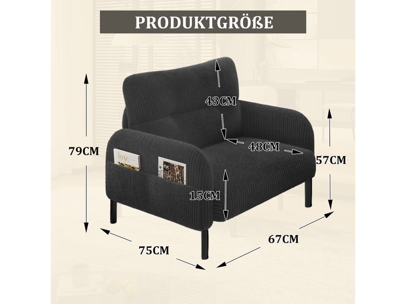  Fauteuil individuel en tissu velours côtelé avec repose-pieds, accoudoirs munis de poches latérales, structure métallique stable DUD2018 - Conforama R