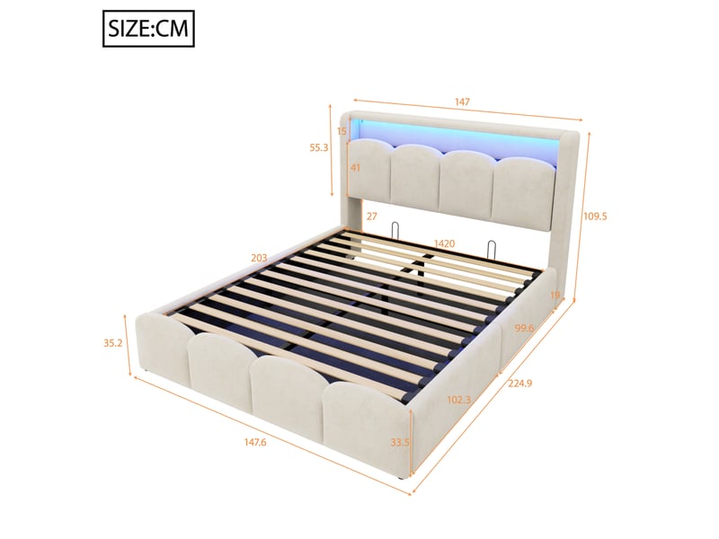  Lit coffre rembourré 140x200 cm, rangement hydraulique et tête de lit coffre, led, usb et type-c, design pétales, velours beige Radiant Stride - Conforama C