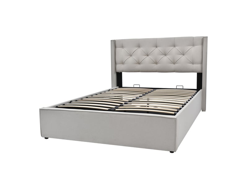  Lit coffre rembourré 160 x 200 cm en tissu coton gris clair, sommier à lattes, tête de lit capitonnée AB30564123H - Conforama A