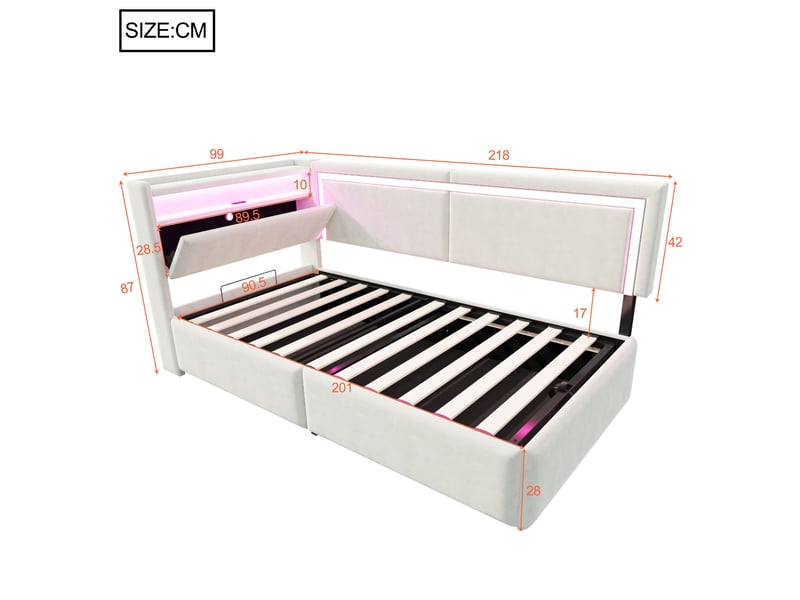  Lit simple 90x200 cm rangement hydraulique led et ports usb en velours beige  - Conforama E