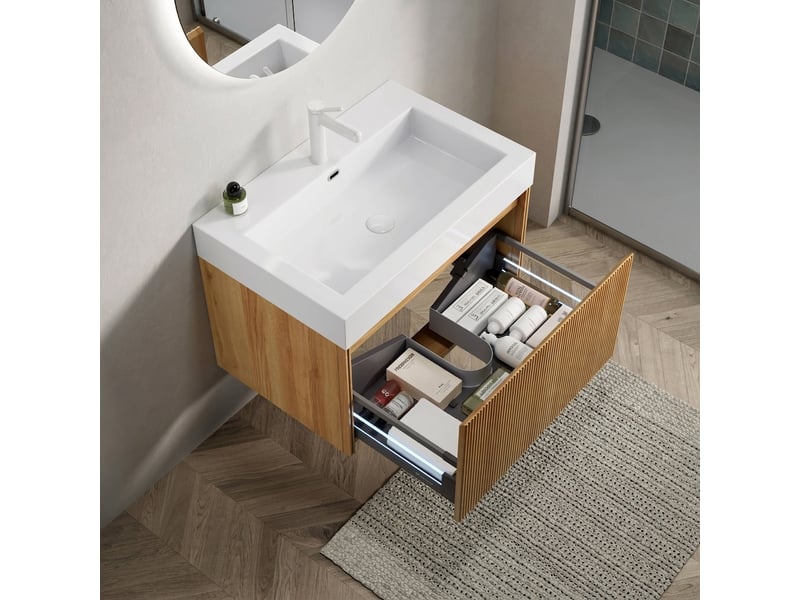  Meuble salle de bain suspendu 70 cm vasque intégrée en résine blanche bois naturel  - Conforama D