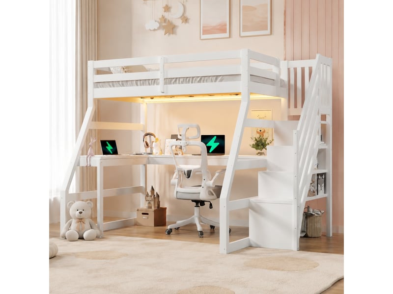  Lit mezzanine enfant 90 x 200 cm blanc avec bureau, led, usb et escalier de rangement  - Conforama D