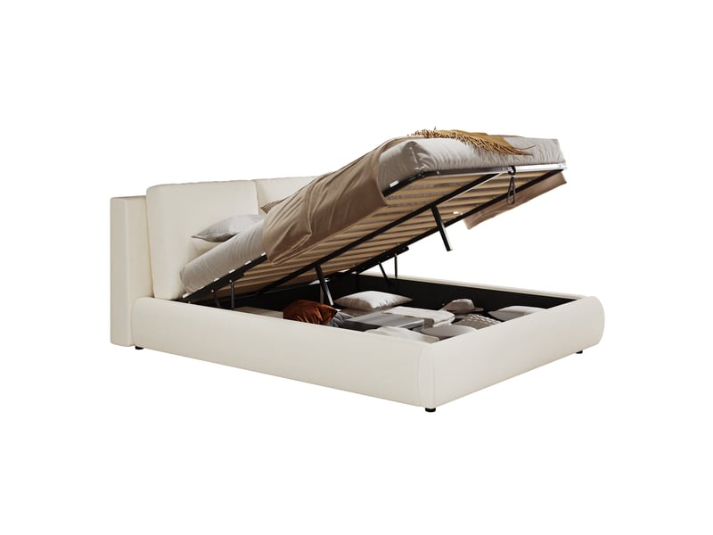 Lit coffre 160x200 cm en bouclé beige avec sommier à lattes et tête de lit - Conforama A