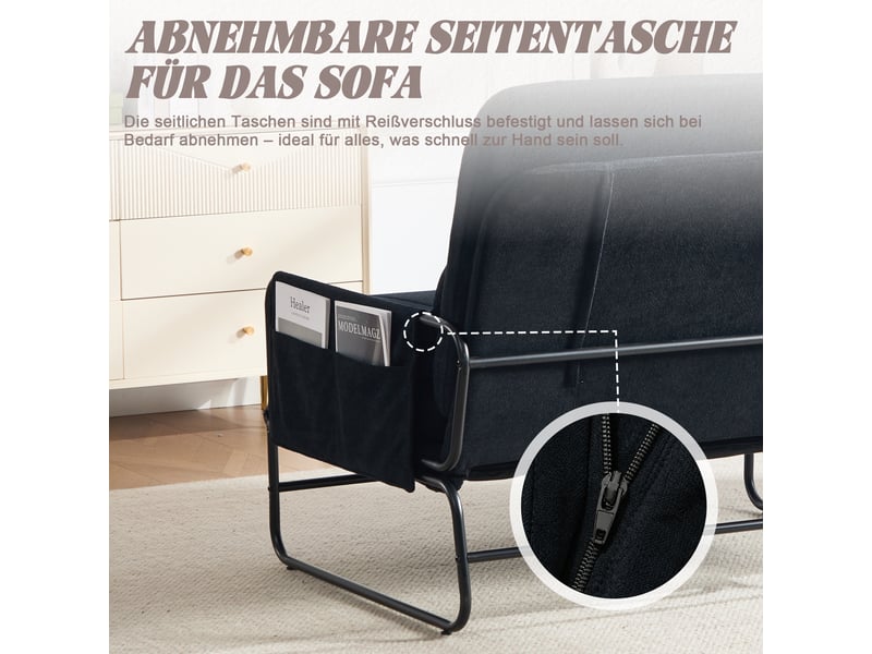 Canapé convertible 2 places noir, canapé-lit avec rangement intégré et cadre métal industriel, tissu chenille pour salon ou bureau - Conforama E