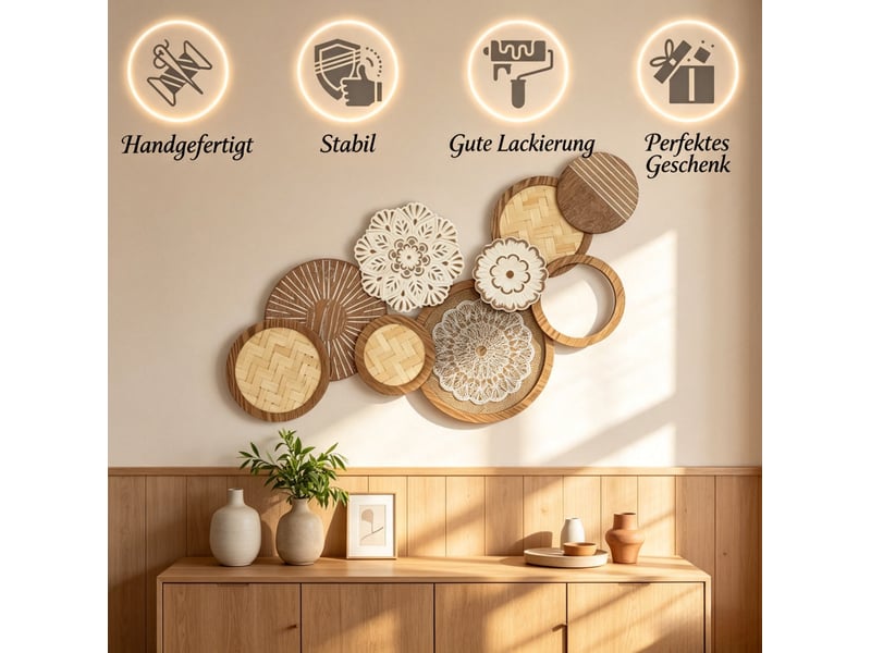  Décoration murale en bois 83,8x4,4x44,5 cm – aspect bois naturel – sculpture moderne avec plaques de verre  - Conforama E