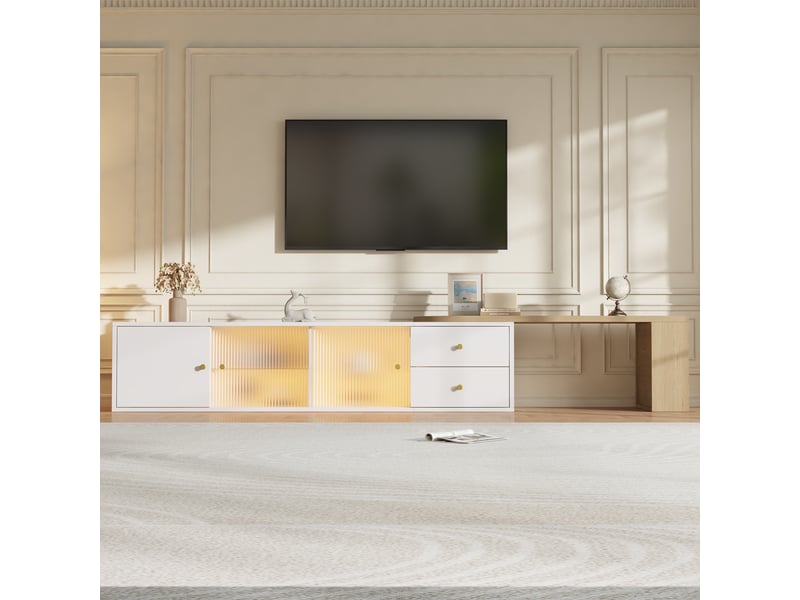  Meuble tv blanc et bois 175 cm, led, 2 tiroirs, 2 portes vitrées coulissantes  - Conforama B
