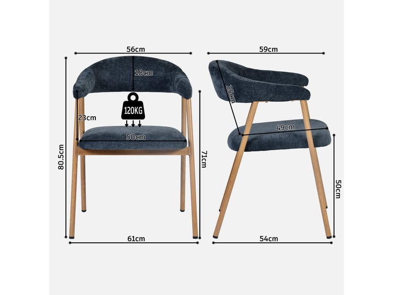  Chaises de salle à manger lot de 4 rembourrée en chenille, pieds en métal effet bois, bleu  - Conforama D