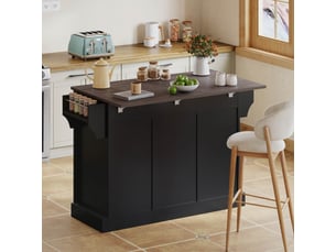 Îlot de cuisine noir style grange avec plateau rabattable, desserte sur roulettes, 2 portes coulissantes, 120x70x91 cm