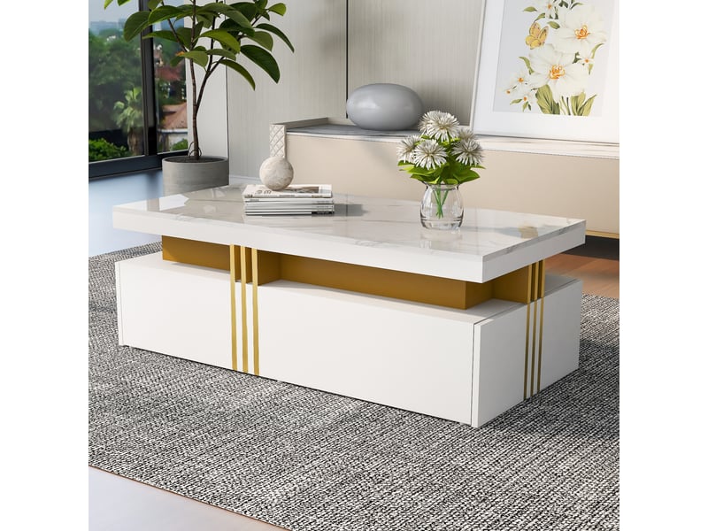 Table basse rectangulaire blanche brillante avec 2 tiroirs, plateau effet marbre, table de salon moderne 100x50x40 cm - Conforama W