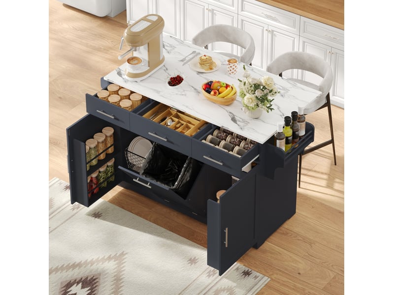  Îlot de cuisine mobile 136x75x92 cm avec plateau rabattable, 3 tiroirs, mdf gris  - Conforama C