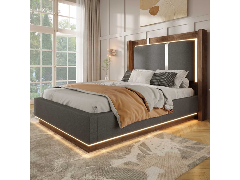  Lit coffre 90x200cm, rangement hydraulique, led, sommier à lattes, lin gris, sans matelas C-DEGAYUN - Conforama B