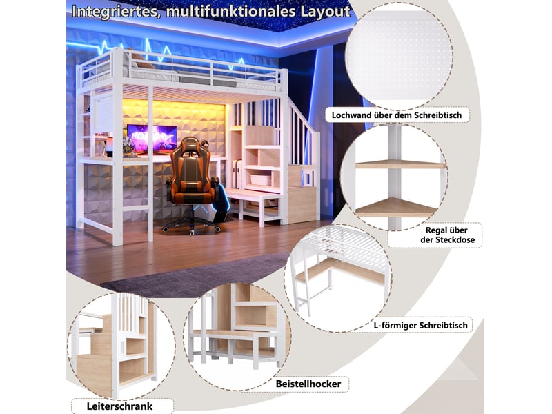 Lit mezzanine 90x200 cm avec bureau, rangements, led et usb-c blanc  - Conforama E