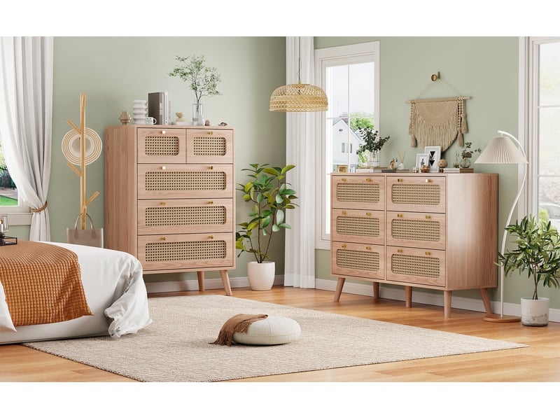  Commode 5 tiroirs - 60x34x91cm - commode en rotin tressé avec boutons dorés &amp; dispositif anti-basculement - chêne clair  - Conforama C