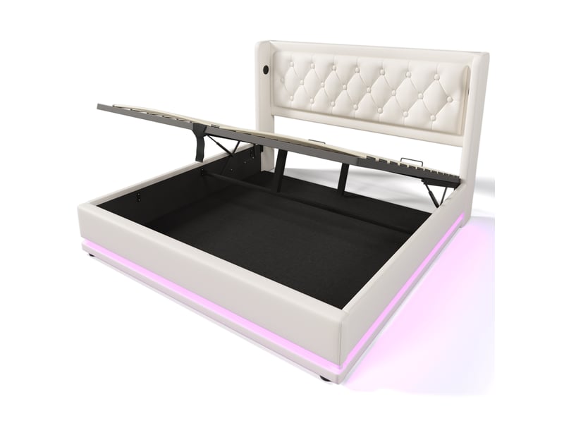  Lit coffre adulte 180x200 cm – blanc – rangement hydraulique, led 3 côtés et ports usbtype-c intégrés  - Conforama D