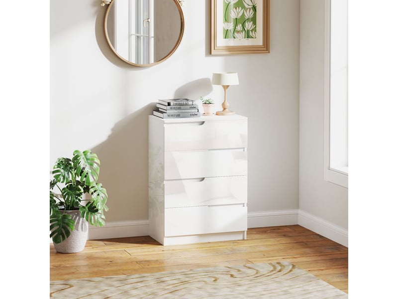  Commode moderne et minimaliste à 4 tiroirs en bois, 60 x 40 x 85 cm, blanc brillant  - Conforama C